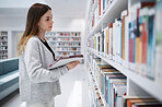 Scholarship, student or woman in library with tablet for research, education or learning. Bookshelf, books or girl on tech for university, idea search or planning school project at collage campus