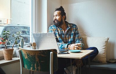 Buy stock photo Man, laptop and coffee shop window for remote work, wifi and creative thinking working online. Entrepreneur person think of inspiration or idea at table for social media, networking and planning