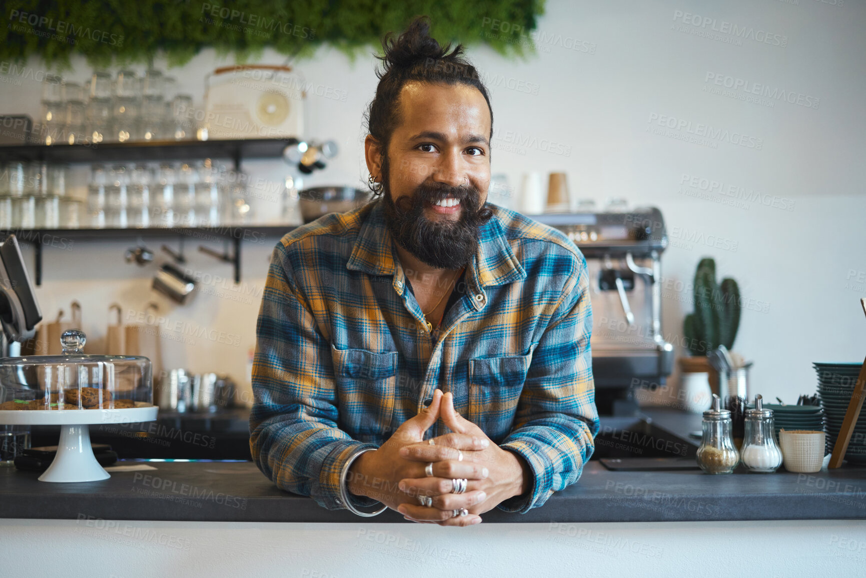 Buy stock photo Indian man, portrait and business owner at coffee shop ready for work with a smile. Happy, cafe and restaurant barista feeling proud of waiter service and boss management at professional job