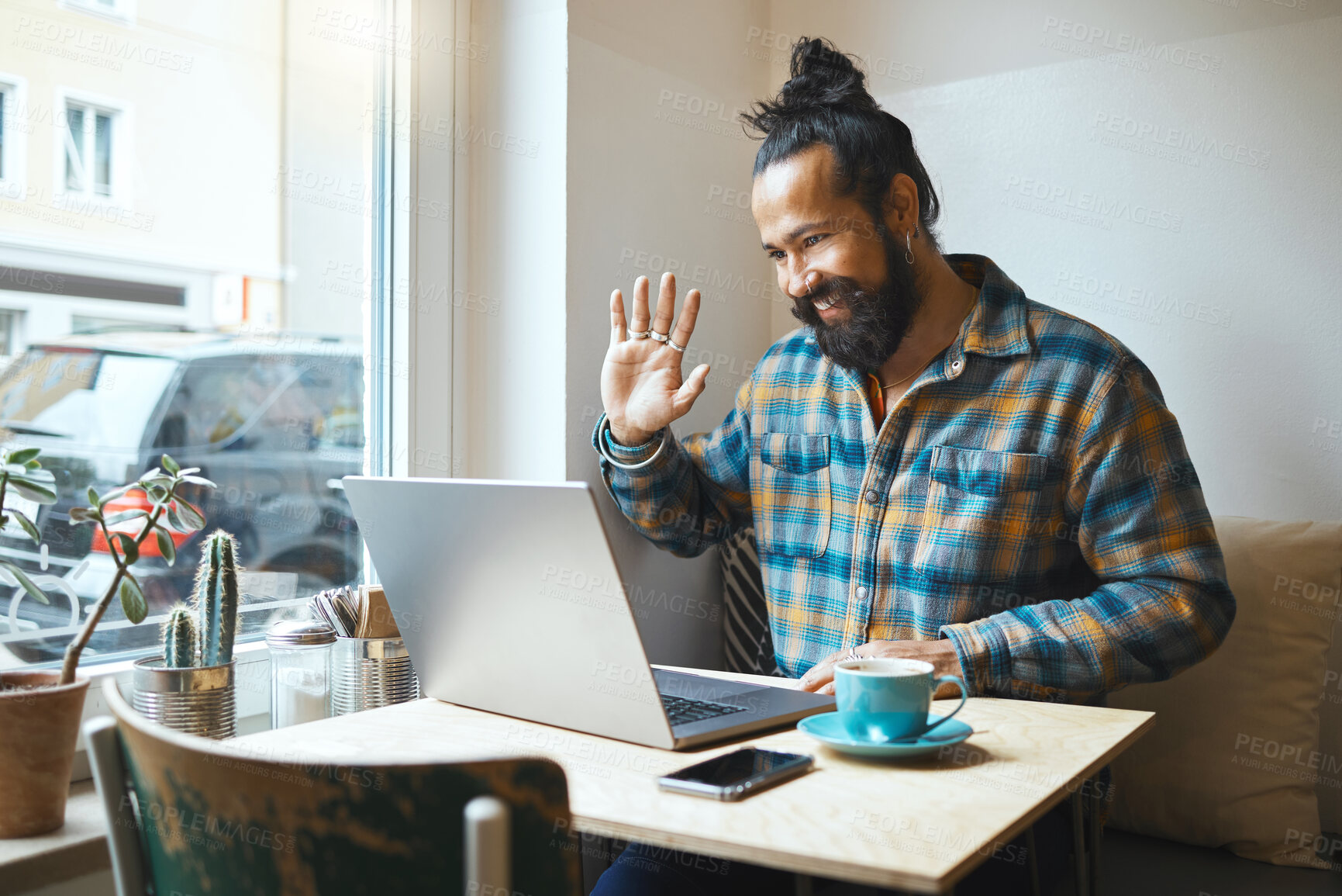 Buy stock photo Cafe, wave or man on laptop video call planning SEO networking, conference or B2B sale. Small business or remote work employee on tech communication, social network strategy or research in restaurant