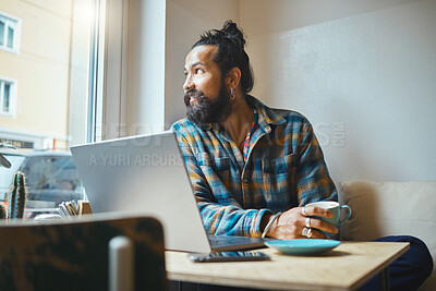 Buy stock photo Laptop, coffee and man in a cafe working on a creative freelance project or small business strategy. Cafeteria, computer and male freelancer doing remote work while drinking a latte in a restaurant.