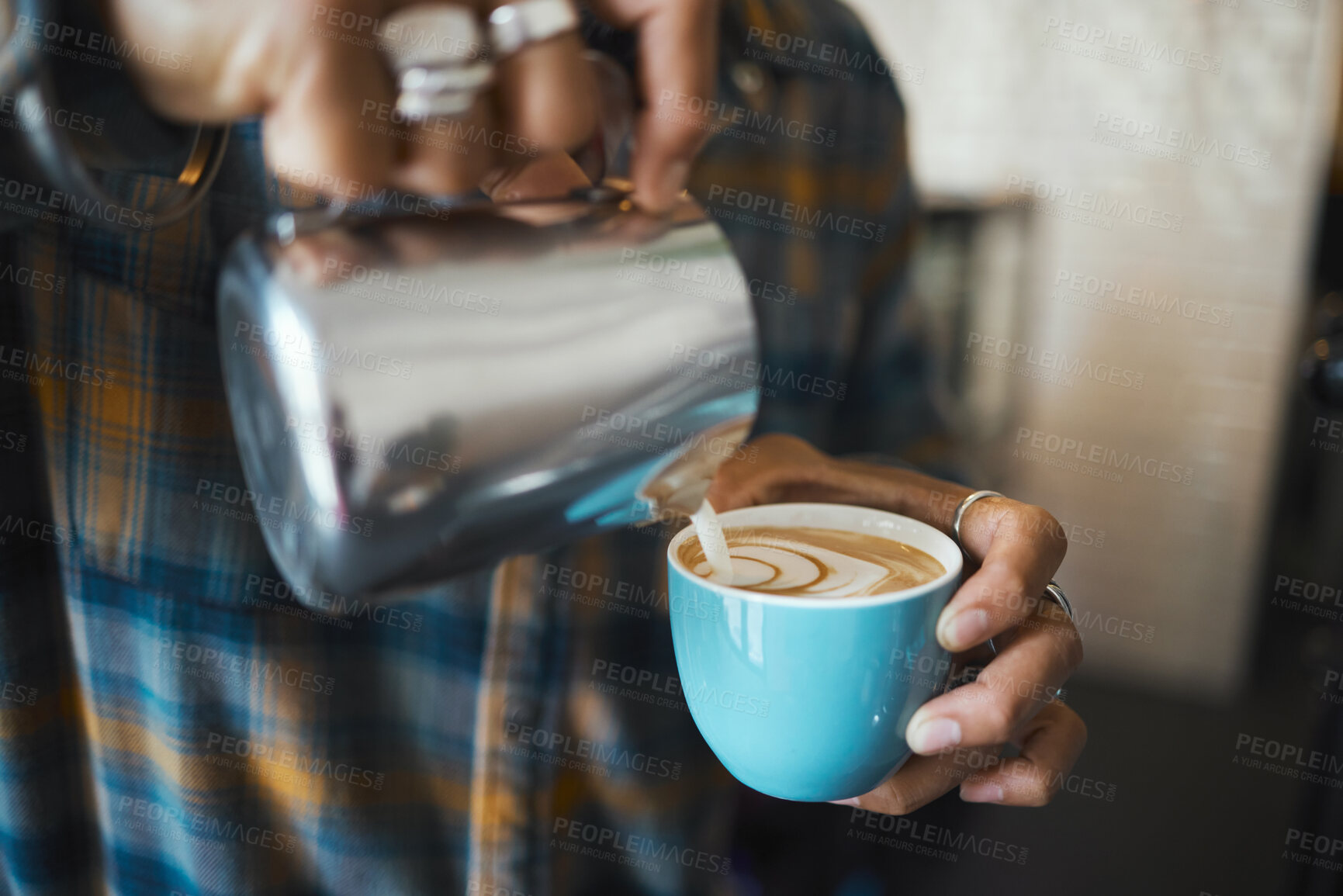 Buy stock photo Latte art, coffee and barista hands with process, workflow and production with drink and working in cafe. Creative, man drawing with milk foam and hospitality with service and beverage closeup