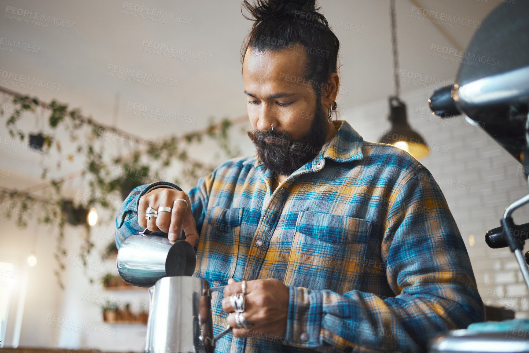 Buy stock photo Barista in cafe, latte art and process with man, working and design with milk foam and espresso. Small business, production and workflow, service and creative with focus and artistic in coffee shop