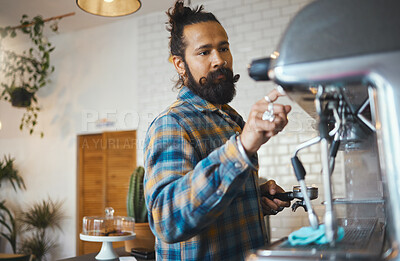 Buy stock photo Man in cafe, barista work machine and create drink with focus and small business, workflow and process. Espresso, latte or cappuccino production, busy server in coffee shop and professional