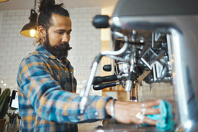 Buy stock photo Man in coffee shop, barista cleaning machine for drink with focus and small business, workflow and process. Clean up are espresso, latte or cappuccino production, cafe with hygiene and disinfection