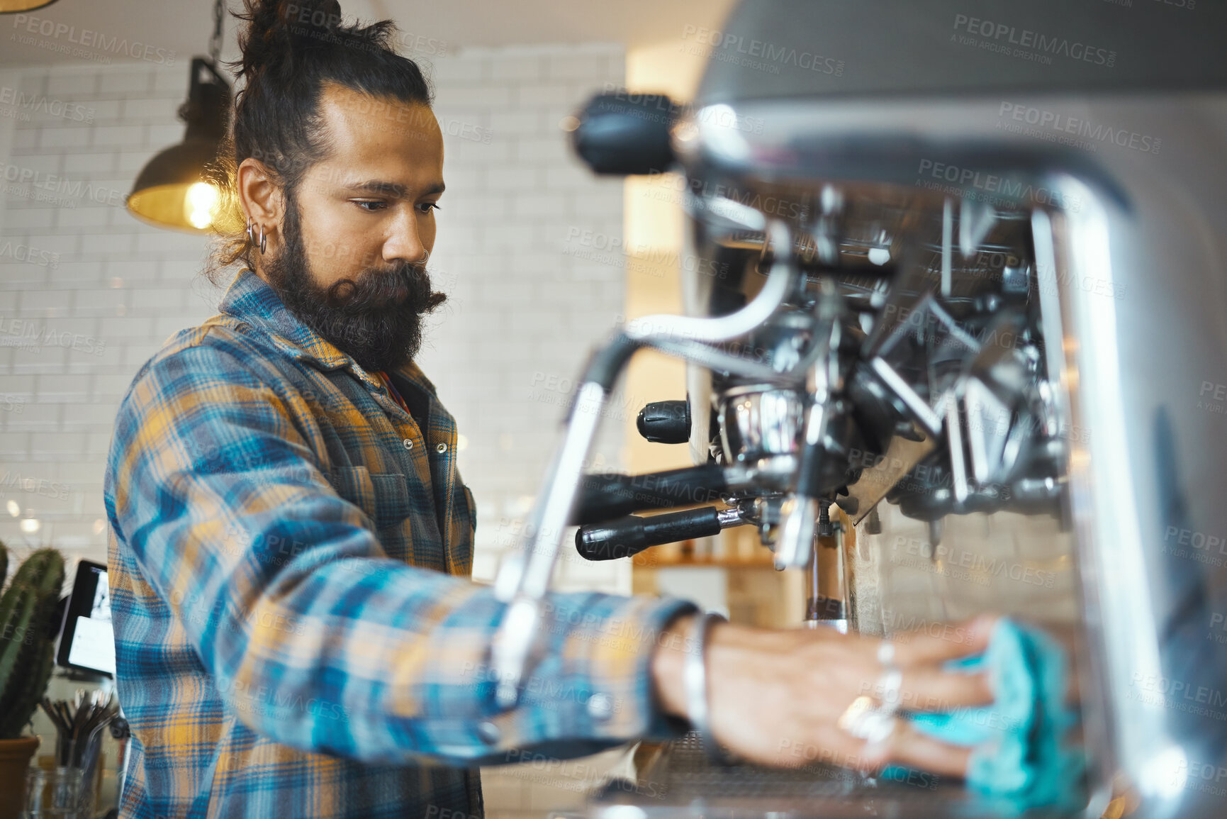 Buy stock photo Man in coffee shop, barista cleaning machine for drink with focus and small business, workflow and process. Clean up are espresso, latte or cappuccino production, cafe with hygiene and disinfection