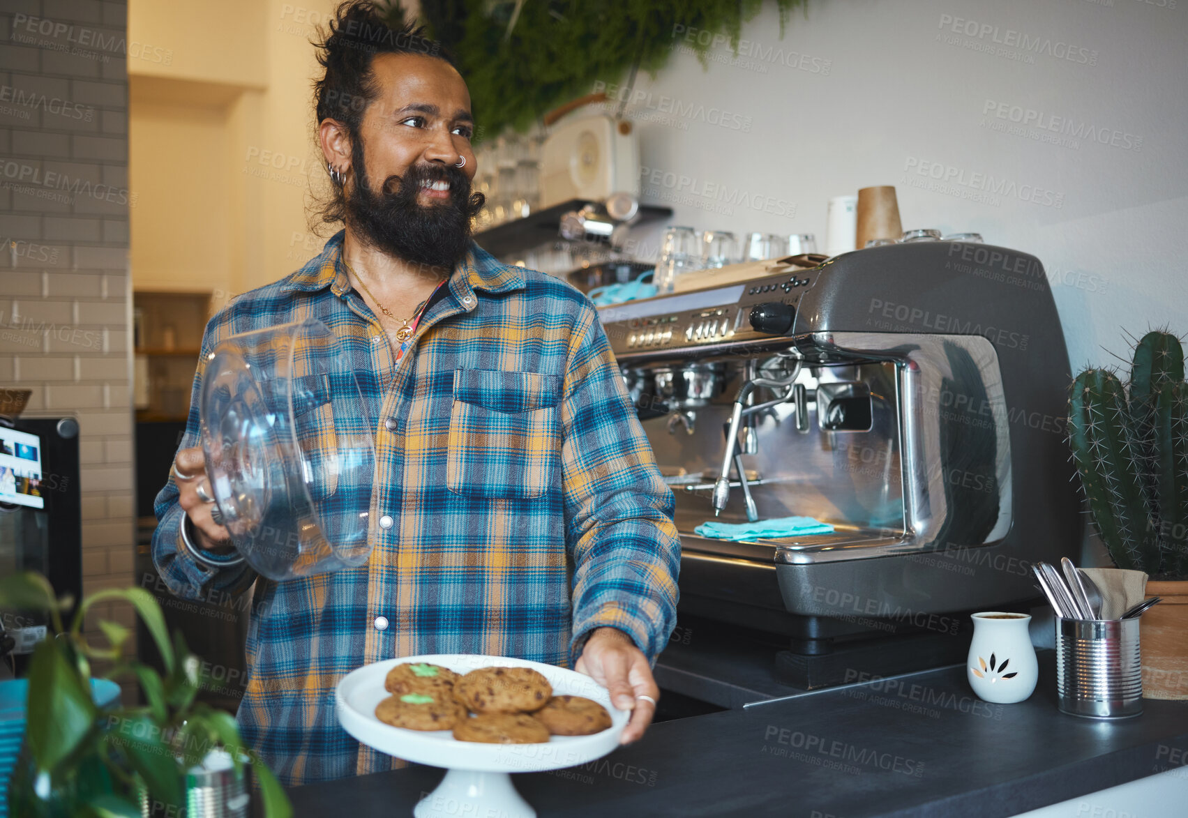 Buy stock photo Barista man, coffee shop and plate for cookies at small business with service, care and experience. Young entrepreneur, cafe and kindness with food, snack or dessert for energy, health and wellness