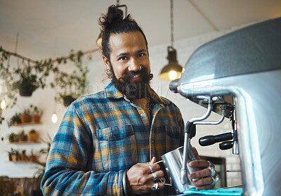 Buy stock photo Portrait, man and barista with machine, smile and confidence with small business, worker and skills. Face, Indian male employee and entrepreneur making coffee, cafeteria and manager for restaurant 