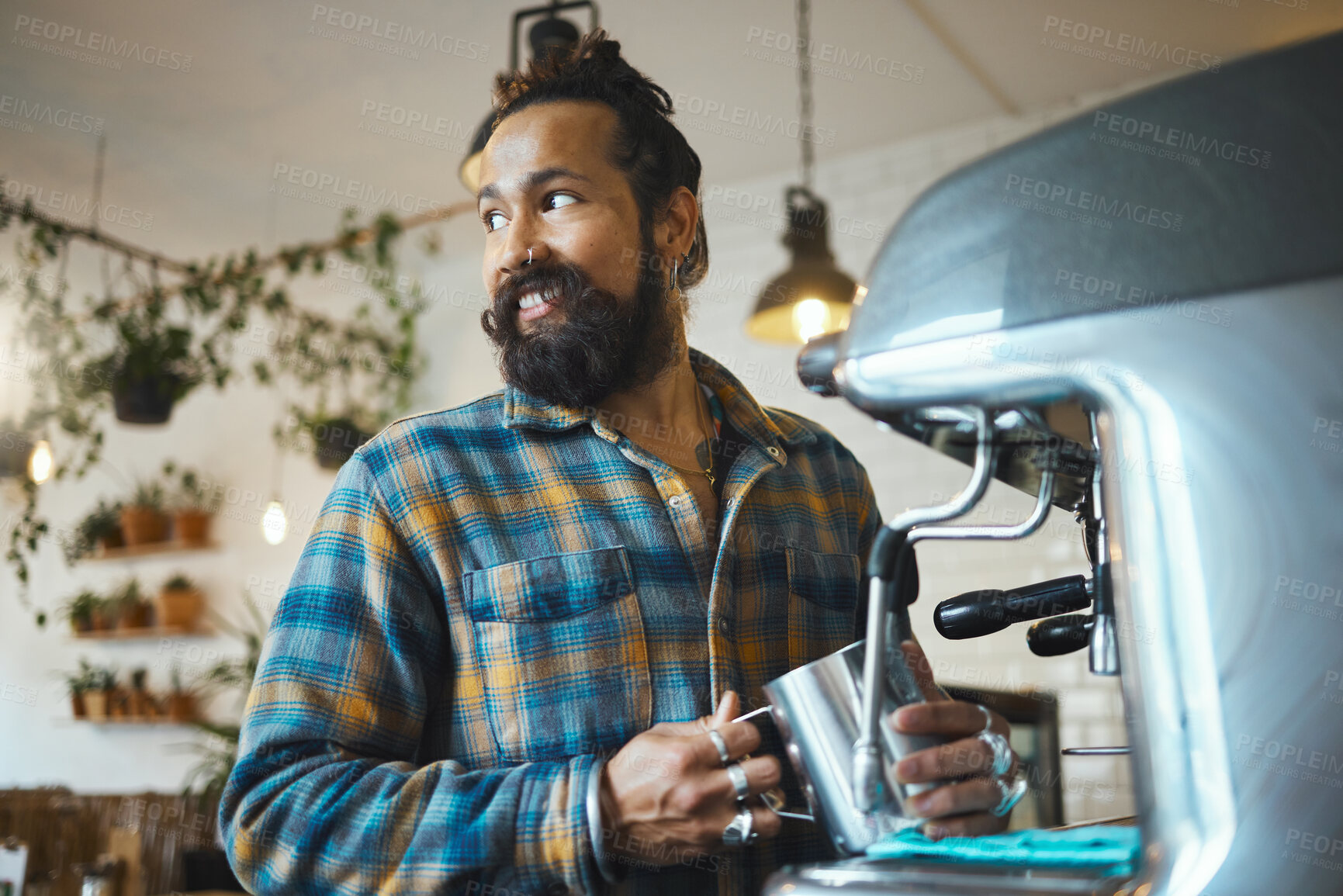 Buy stock photo Cafe, startup and waiter with a man barista behind the counter to prepare a drink. Coffee shop, kitchen and service with a male working in a restaurant as an entrepreneur or small business owner