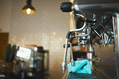 Buy stock photo Closeup machine, coffee and equipment in cafeteria, small business and beverage shop. Backgrounds of barista services, drinks machinery and restaurant store of premium espresso, cappuccino and latte 