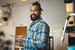 Coffee shop, phone and portrait of a man ordering a latte or espresso in the morning with a breakfast. Happy, smile and male with a cellphone to order a cappucino in cafe or restaurant in Puerto Rico