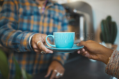 Buy stock photo Customer service, cafe and hands of people with coffee for drinking, breakfast or lunch in restaurant. Small business, cafeteria and barista serving caffeine, espresso and latte in cup to client