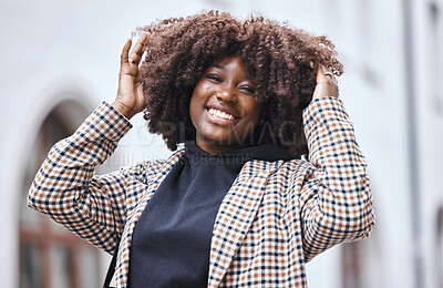 Buy stock photo Black woman, portrait and afro hair in city fun, goofy or silly travel in urban New York or holiday location. Smile, happy or playful student in fashion, trendy or cool clothes with natural hairstyle