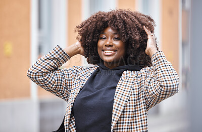 Buy stock photo Black woman, portrait smile and afro for fashion, style or hair in city travel, trip or journey. Happy African American female touching stylish curls smiling in happiness or traveling in South Africa