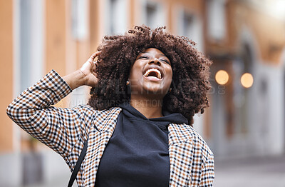 Buy stock photo Black woman, laughing and afro hair in city fun, goofy or silly travel in urban New York or holiday location. Smile, happy or comic student in fashion, trendy or cool clothes with natural hairstyle