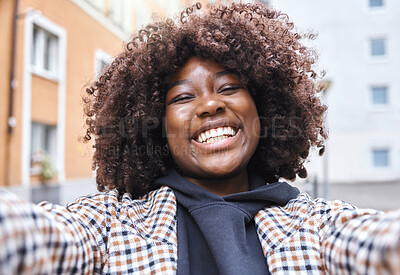 Buy stock photo Black woman, portrait and selfie in city, urban town or fun in Kenya. Happy young african female smile in video call, photograph or face of happiness, curly afro hair and freedom on social media blog