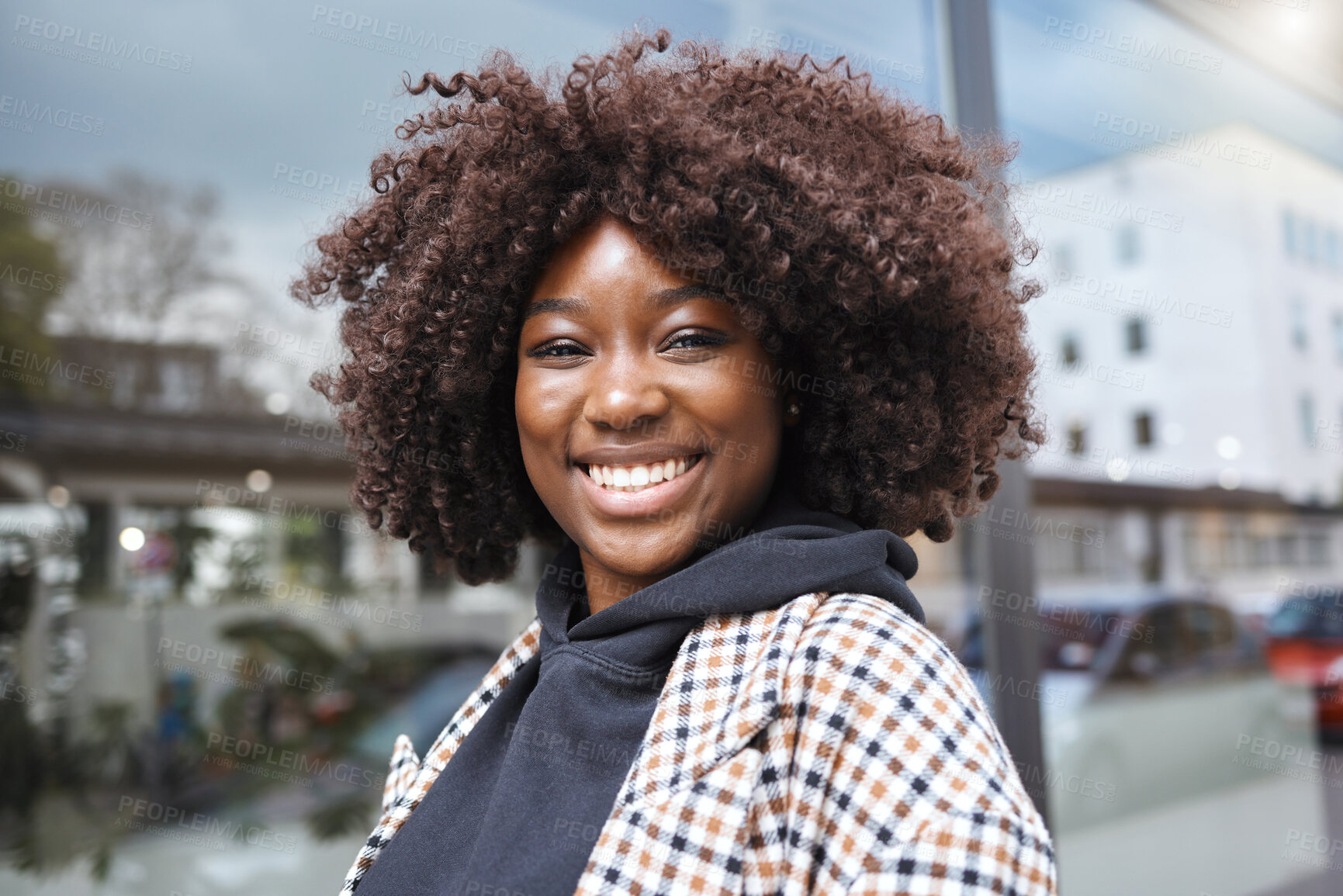 Buy stock photo Selfie, portrait and black woman in city for travel, fun and vacation on window background space. Face, social media or girl influencer live streaming for online audience, blog or followers in London