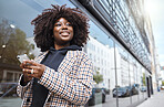 Black woman, afro or phone in city travel for gps location, 5g internet maps or holiday vacation schedule on urban sidewalk. Smile, happy or fashion student on mobile technology for social media app