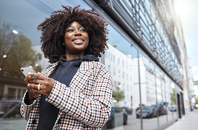 Buy stock photo Black woman, afro or phone in city travel for gps location, 5g internet maps or holiday vacation schedule on urban sidewalk. Smile, happy or fashion student on mobile technology for social media app