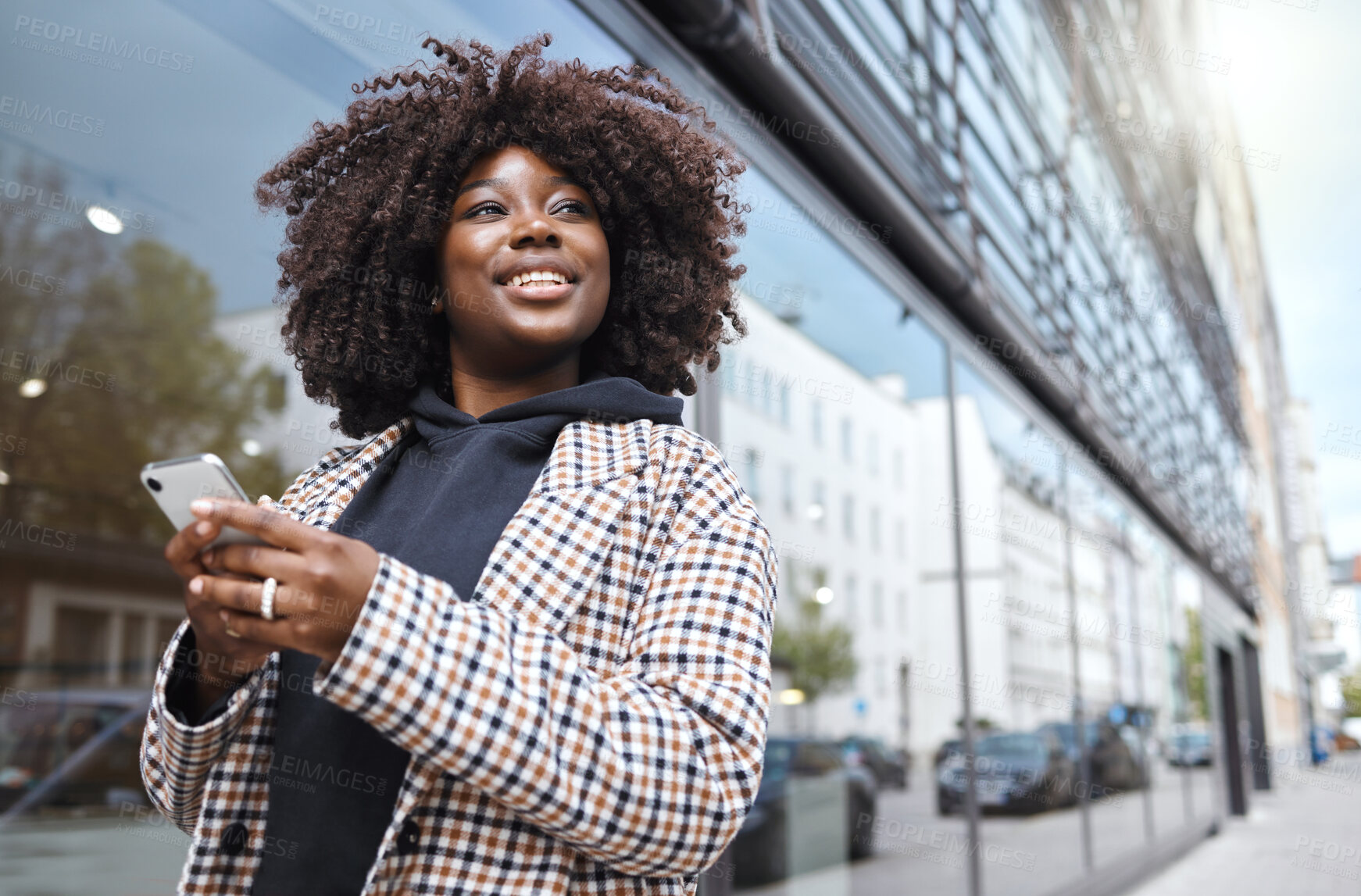 Buy stock photo Black woman, afro or phone in city travel for gps location, 5g internet maps or holiday vacation schedule on urban sidewalk. Smile, happy or fashion student on mobile technology for social media app