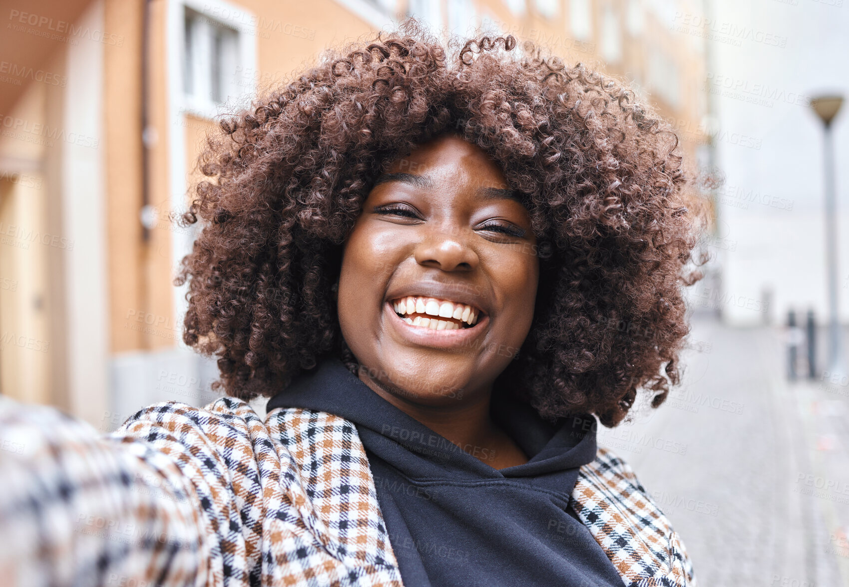 Buy stock photo Black woman, portrait or afro selfie in city, urban holiday or vacation on fashion vlog, social media or live streaming blog. Smile, happy or travel influencer face in photography or profile picture 