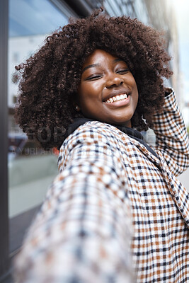 Buy stock photo Portrait, selfie and black woman in city for travel, fun and vacation on wall background space. Face, social media and girl influencer live streaming for online audience, blog or followers in London