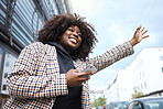 Taxi, sign and hands of black woman in city for travel, commute or waiting for transport on blue sky background. Hand, bus and stop by girl in Florida for transportation service, app or drive request