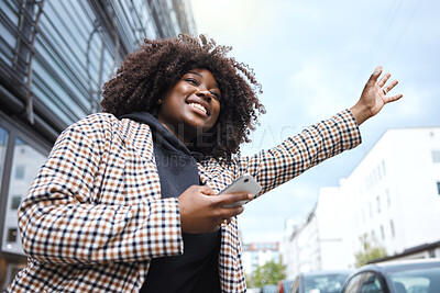 Buy stock photo Taxi, sign and hands of black woman in city for travel, commute or waiting for transport on blue sky background. Hand, bus and stop by girl in Florida for transportation service, app or drive request