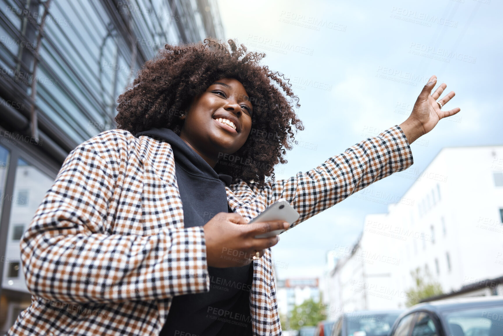 Buy stock photo Taxi, sign and hands of black woman in city for travel, commute or waiting for transport on blue sky background. Hand, bus and stop by girl in Florida for transportation service, app or drive request