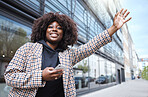 Taxi, hands and sign by black woman in city for travel, commute or waiting for transport on building background. Hand, bus and stop by girl in Florida for transportation service, app or drive request