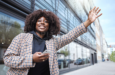 Buy stock photo Taxi, hands and sign by black woman in city for travel, commute or waiting for transport on building background. Hand, bus and stop by girl in Florida for transportation service, app or drive request