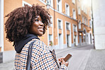 Travel, smile and black woman in street with phone, holiday sightseeing in London, happy tourist walking in road. Vacation, urban adventure and relax, 5g on walk with buildings and explore new city.