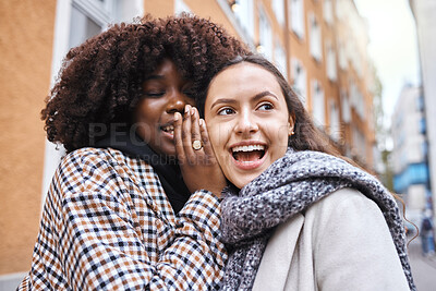 Buy stock photo Woman, friends and gossip in the city whispering in the ears for secret conversation or discussion. Happy, shocked or surprised women in private communication, announcement or secrets in the street