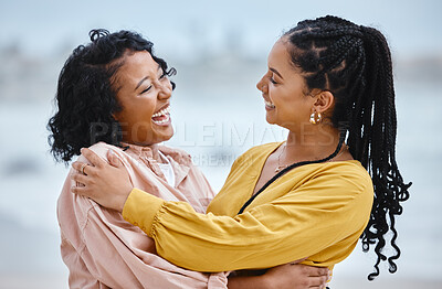 Buy stock photo Travel, friends and happy black women on beach embrace while on fun ocean holiday in Cancun. Smile, friendship and vacation at the sea, woman and friend or partner laughing at funny joke and hugging.