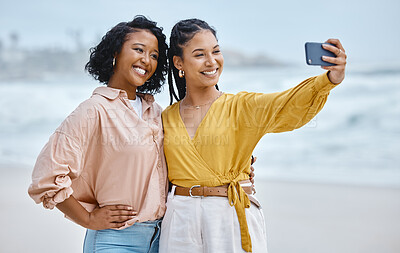 Buy stock photo Beach, selfie or friends on holiday in summer vacation with a happy smile while bonding in Miami, Florida. Travel, freedom and women hugging for photo, profile picture or social media post in Miami