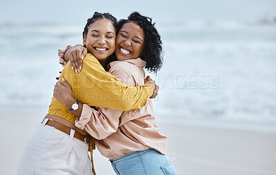 Buy stock photo Beach, hug and happy couple of friends for lgbtq, queer love and freedom on vacation together in gen z youth. Black woman and partner on a date, relax and excited for valentines holiday by the ocean