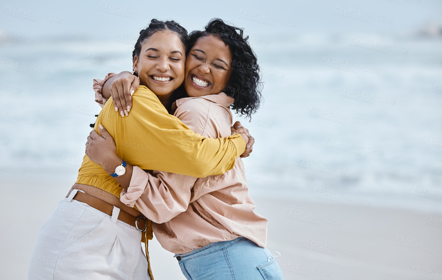 Buy stock photo Beach, hug and happy couple of friends for lgbtq, queer love and freedom on vacation together in gen z youth. Black woman and partner on a date, relax and excited for valentines holiday by the ocean