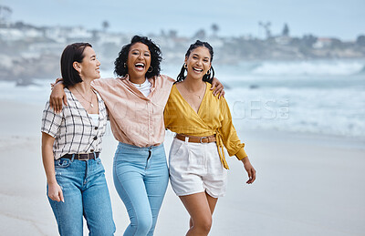 Buy stock photo Diversity, friends and beach, hug and walk while laughing, relax and talking against nature background. Travel, women and group embrace while walking at the sea, happy and smile on ocean trip in Bali