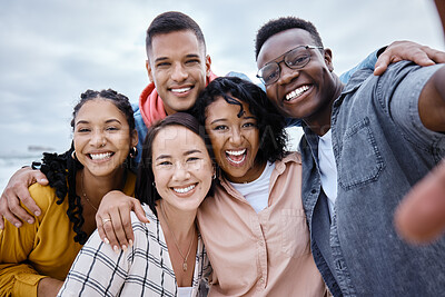 Buy stock photo Selfie, diversity and portrait of friends on a holiday while having fun together on weekend trip. Freedom, smile and happy group of diverse people taking a picture while on adventure on a vacation.