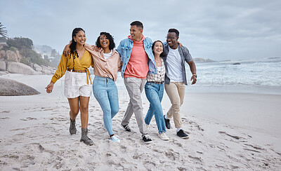 Buy stock photo Happy, diversity and friends walking at the beach for holiday, vacation and people bonding on travel. Men, smile and women group relax at the sea, laugh and cheerful on an ocean trip in Miami 