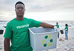 Cleaning, recycling and portrait of black man on beach for sustainability, environment and eco friendly. Climate change, earth day and nature with volunteer and plastic for help, energy and pollution