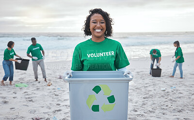 Buy stock photo Recycle, box and portrait of woman at beach for plastic, environment or earth day cleaning. Recycling, sustainability or climate change with volunteer and trash for community service and eco friendly