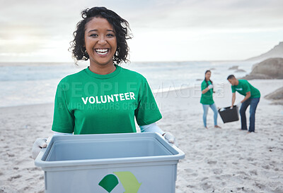 Buy stock photo Recycle, smile and portrait of woman at beach for plastic, environment or earth day cleaning. Recycling, sustainability and climate change with volunteer and trash for pollution and eco friendly
