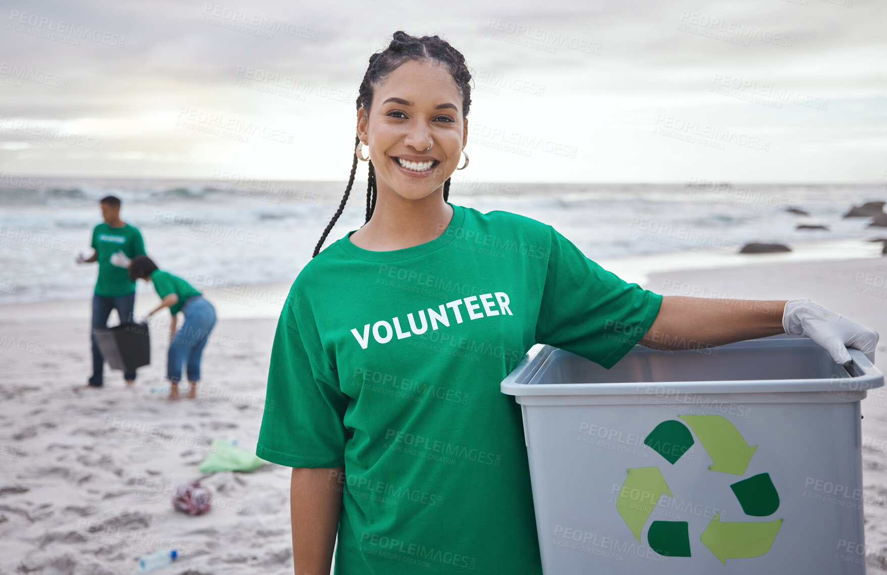 Buy stock photo Cleaning, recycle and portrait of black woman at beach for plastic, environment or earth day. Recycling, sustainability and climate change with volunteer and trash for pollution and eco friendly
