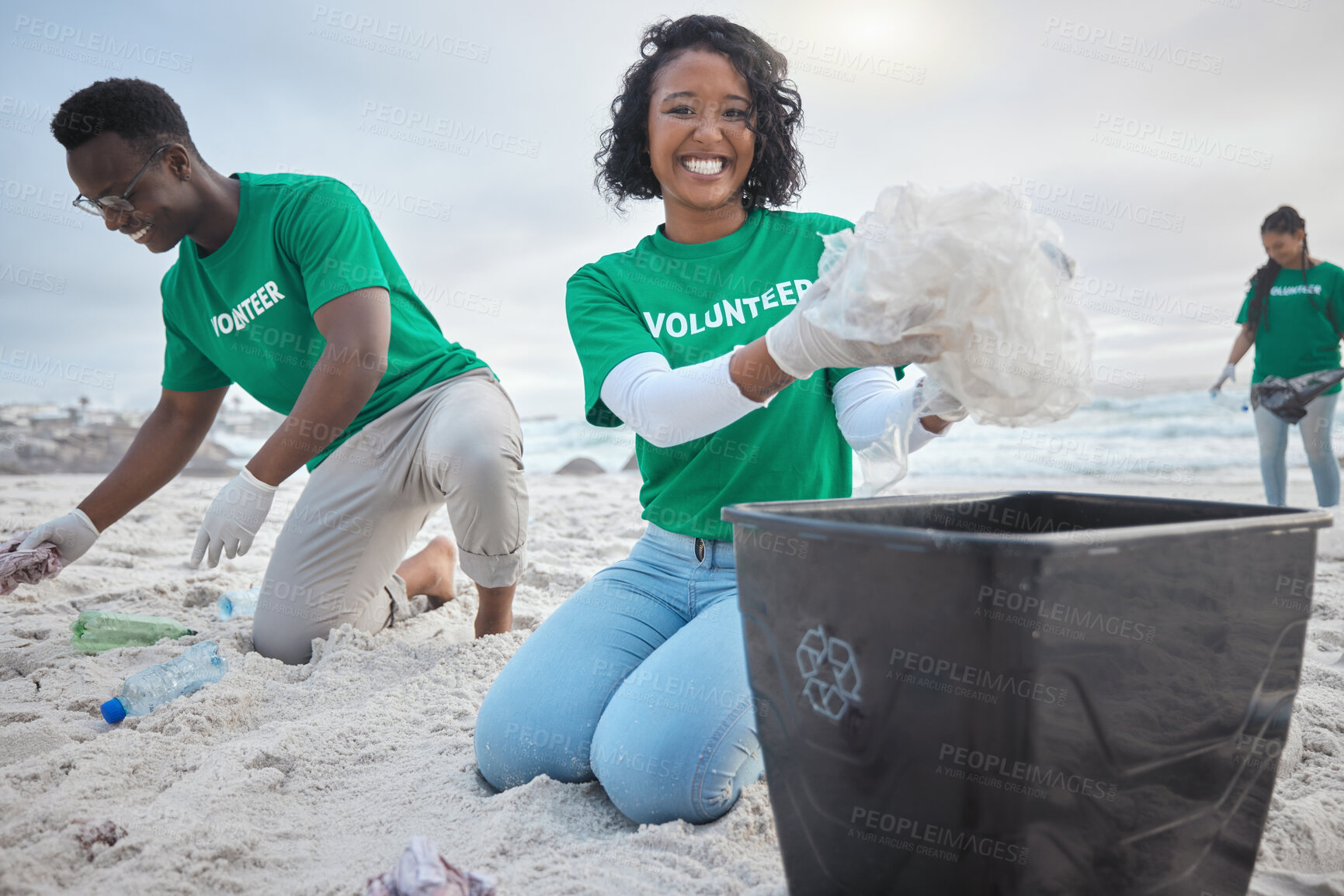 Buy stock photo Teamwork, cleaning and volunteer with people on beach for sustainability, environment and eco friendly. Climate change, earth day and nature with friends and plastic for help, energy and pollution