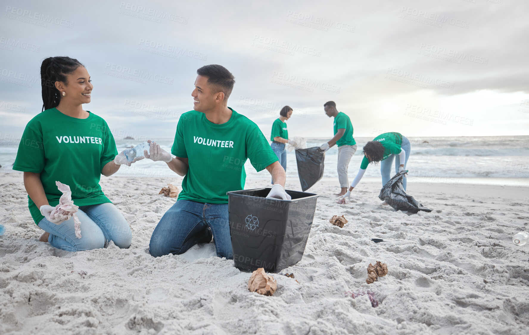 Buy stock photo Friends, help and recycling with people on beach for sustainability, environment and eco friendly. Climate change, earth day and nature with volunteer and plastic for cleaning, energy and pollution