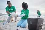 Teamwork, happy and recycling with people on beach for sustainability, environment and eco friendly. Climate change, earth day and nature with volunteer and plastic for help, energy and pollution