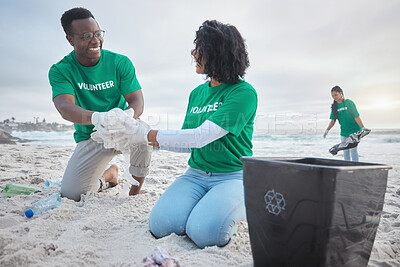 Buy stock photo Teamwork, happy and recycling with people on beach for sustainability, environment and eco friendly. Climate change, earth day and nature with volunteer and plastic for help, energy and pollution