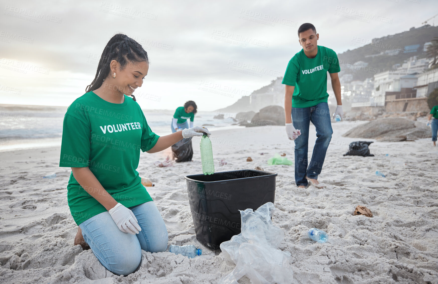 Buy stock photo Teamwork, cleaning and recycling with people on beach for sustainability, environment and eco friendly. Climate change, earth day and nature with volunteer and plastic for help, energy and pollution