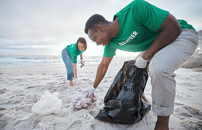 Buy stock photo Friends, cleaning and recycling with people on beach for sustainability, environment and eco friendly. Climate change, earth day and nature with volunteer for community service, pollution and plastic